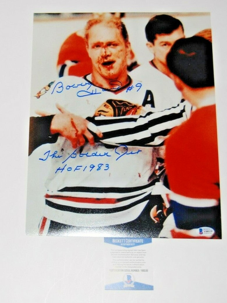 BOBBY HULL signed (CHICAGO BLACKHAWKS) Bloody Hockey 11X14 photo BECKETT BAS #2