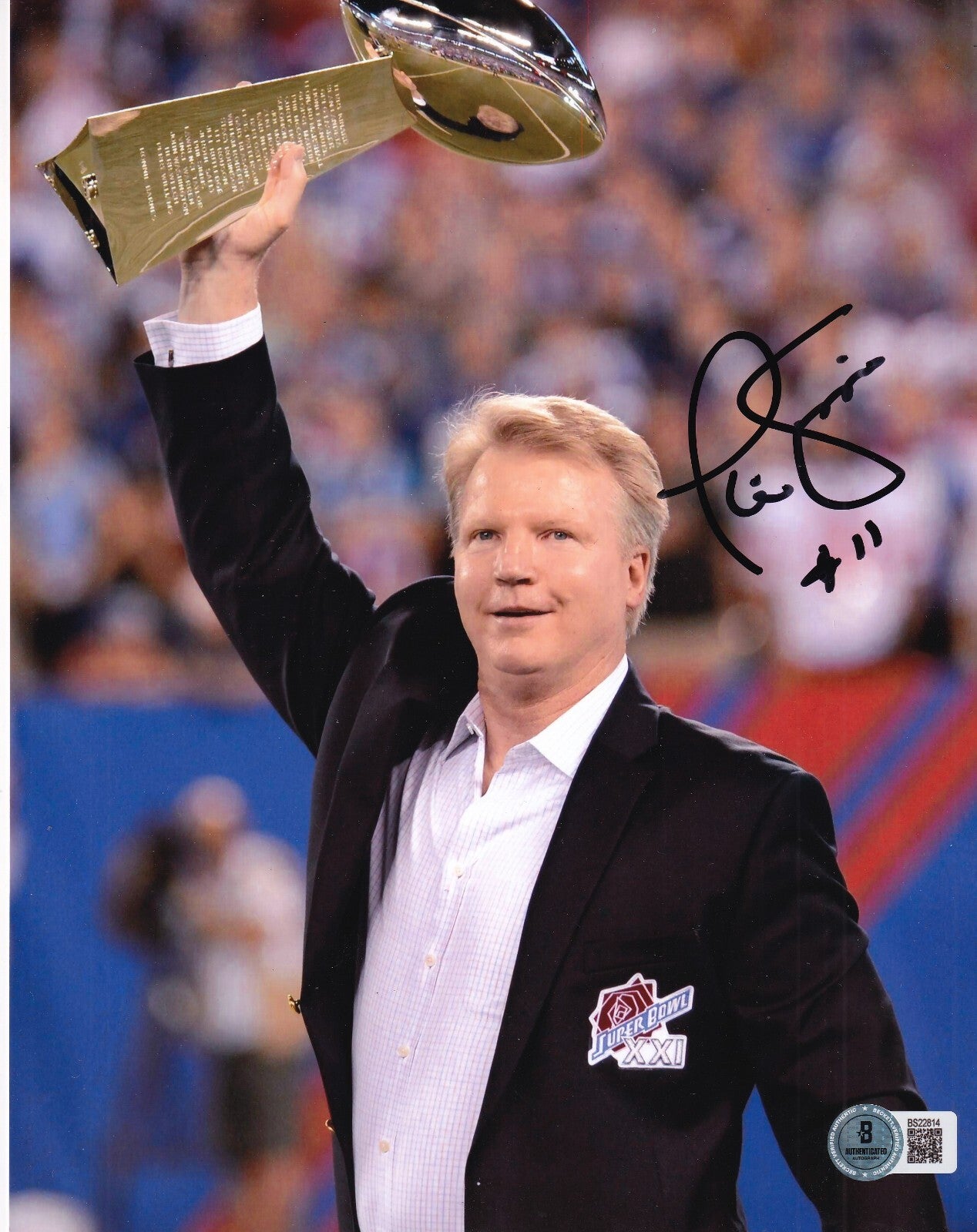 PHIL SIMMS signed (NEW YORK GIANTS) football 8X10 photo BECKETT BAS BS22814