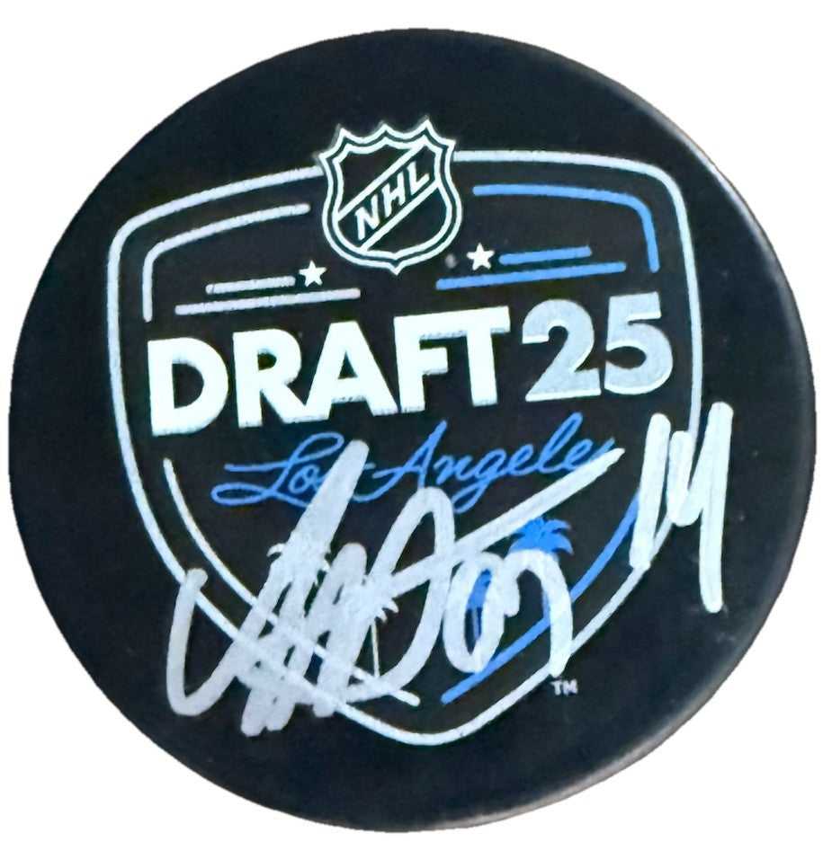 ANTON FRONDELL sgined (2025 DRAFT) CHICAGO BLACKHAWKS puck BECKETT BT78254