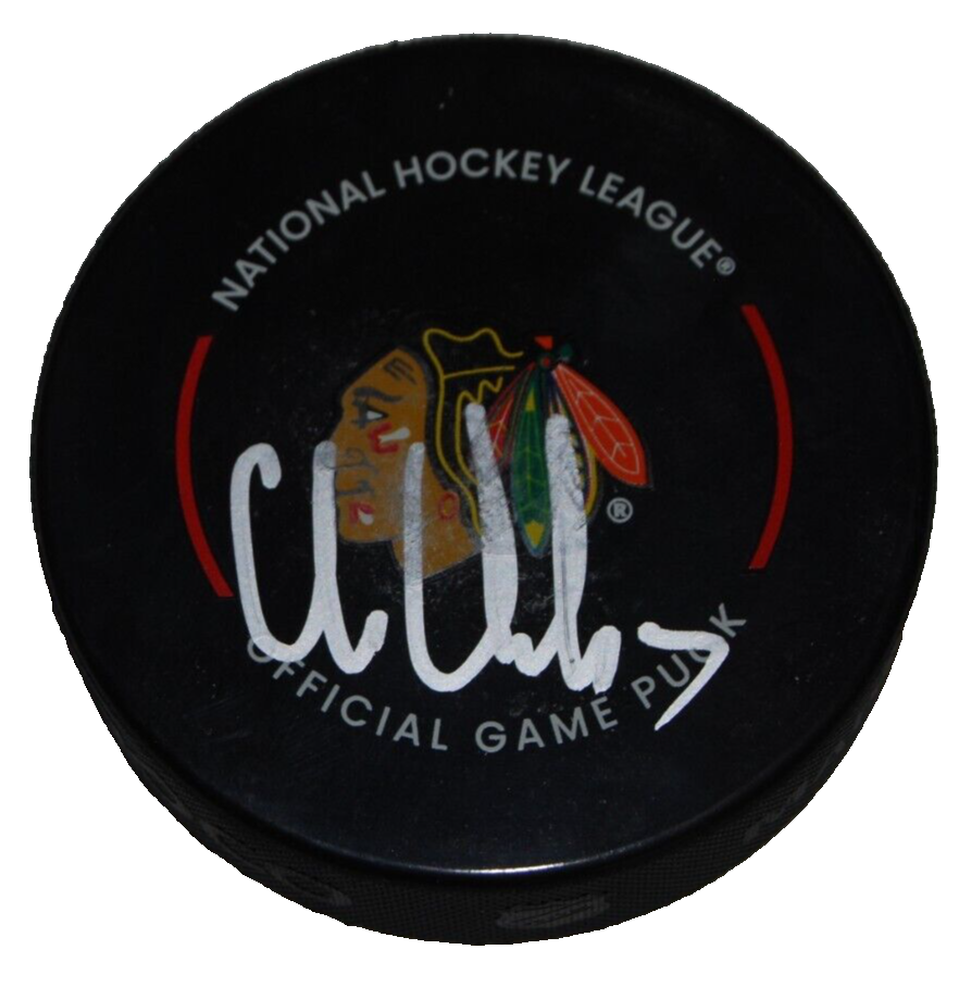 CHRIS CHELIOS signed (CHICAGO BLACKHAWKS) official game puck BECKETT BAS BM39134