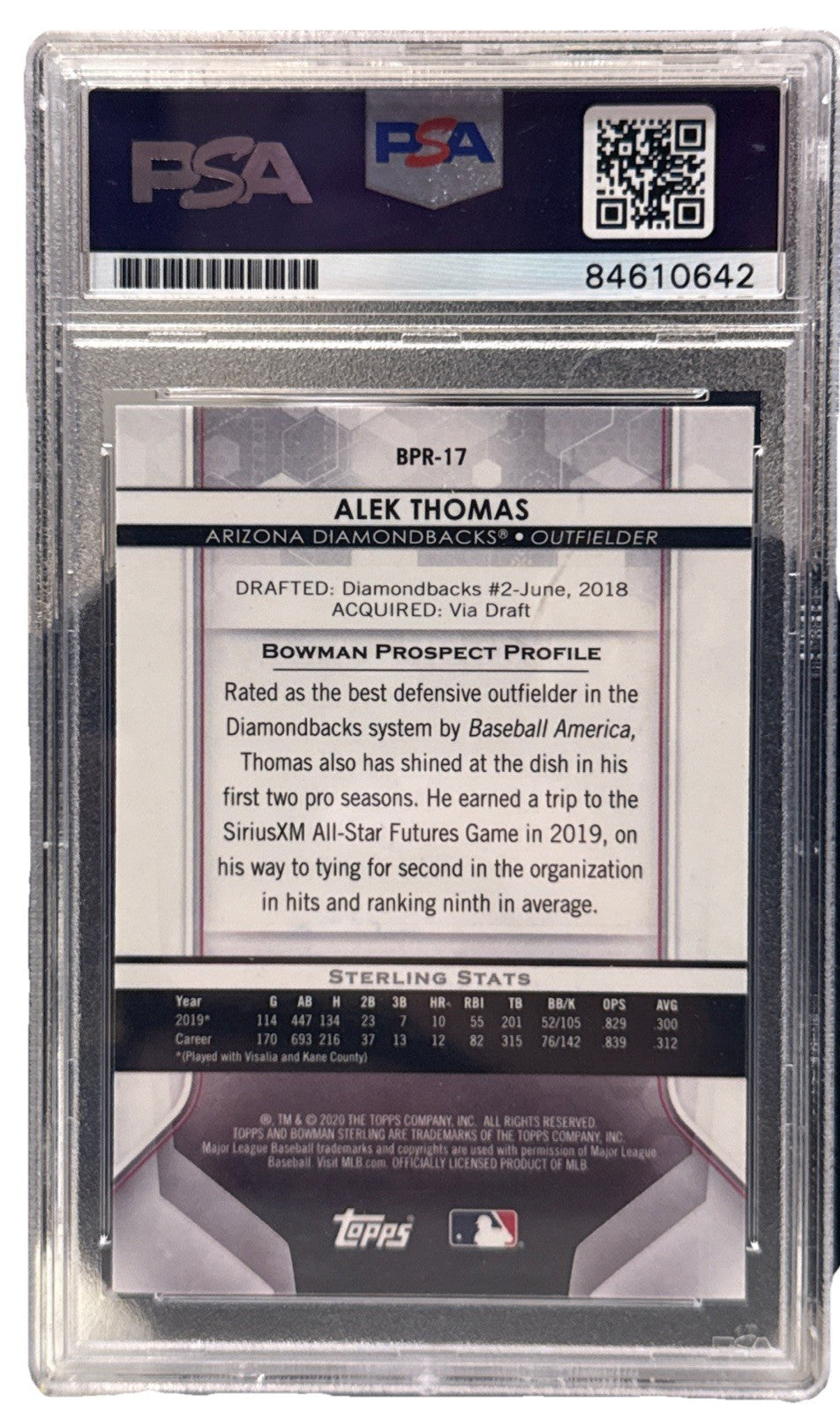 Alek Thomas signed 2020 Bowman Sterling Arizona Diamondbacks Card PSA/DNA BPR-17