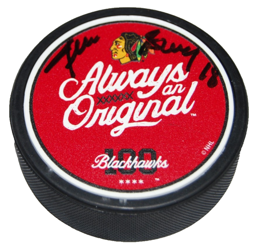 DENIS SAVARD signed (CHICAGO BLACKHAWKS) 100TH Anniversary puck BECKETT BY08600