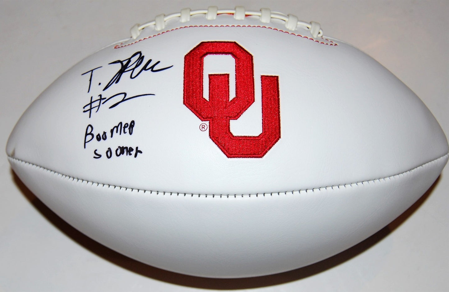T.J. (TJ) PLEDGER signed (OKLAHOMA SOONERS) Embroidered logo football W/COA C
