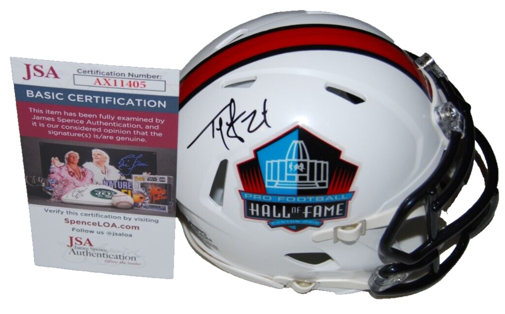 TY LAW signed (HALL OF FAME) Patriots HOF mini football helmet JSA AX11405
