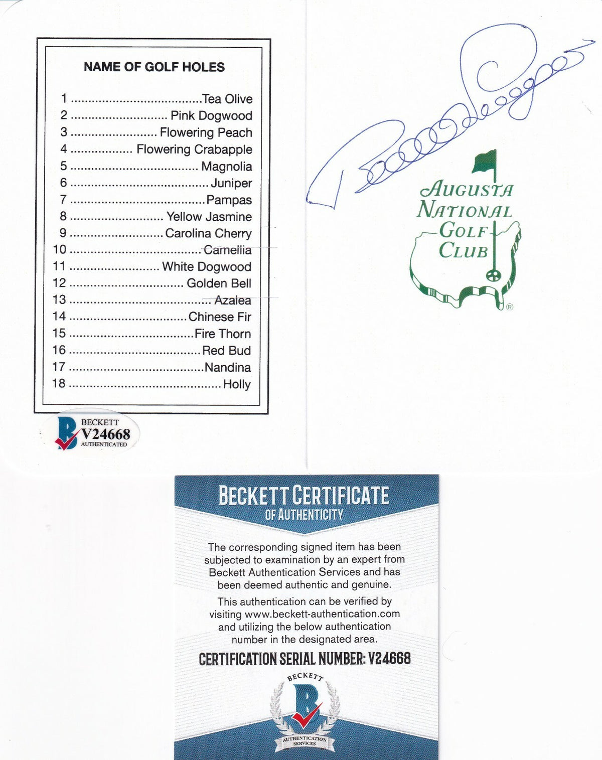 BERNHARD LANGER signed (AUGUSTA NATIONAL CLUB) Masters Scorecard BECKETT V24668