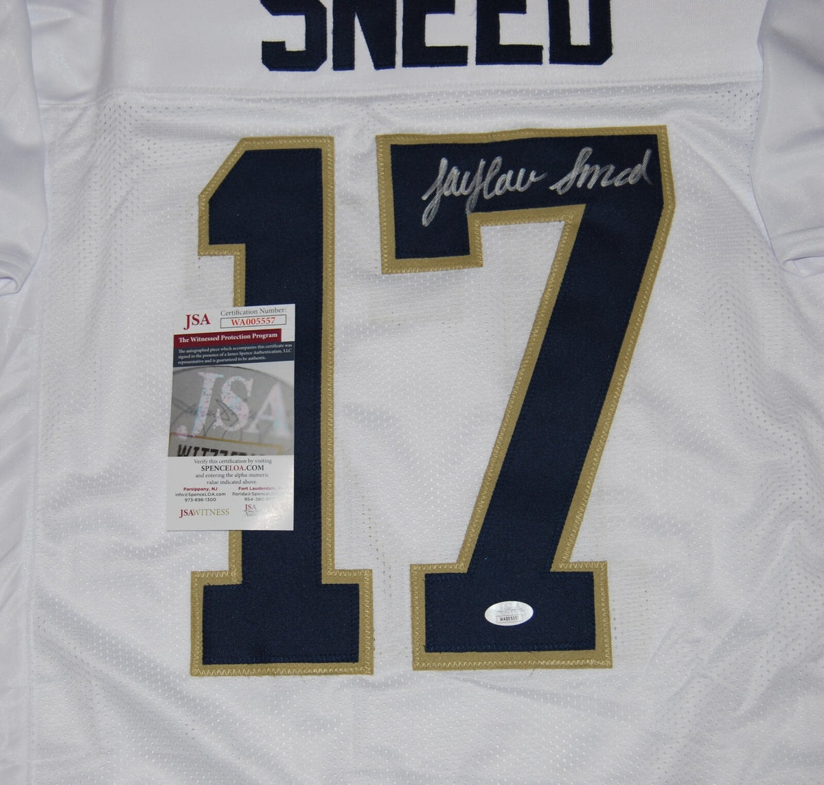 JAYLEN SNEED signed (NOTRE DAME FIGHTING IRISH) WHITE XL jersey JSA Witnessed