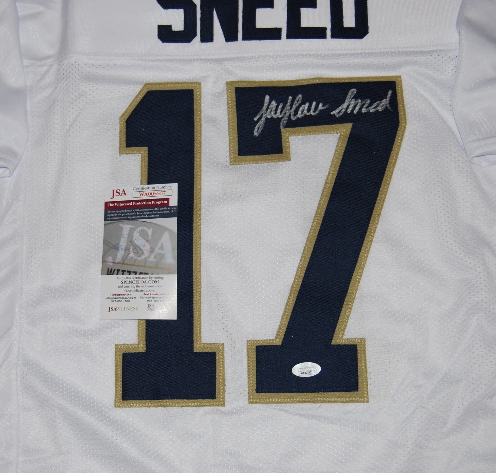 JAYLEN SNEED signed (NOTRE DAME FIGHTING IRISH) WHITE XL jersey JSA Witnessed