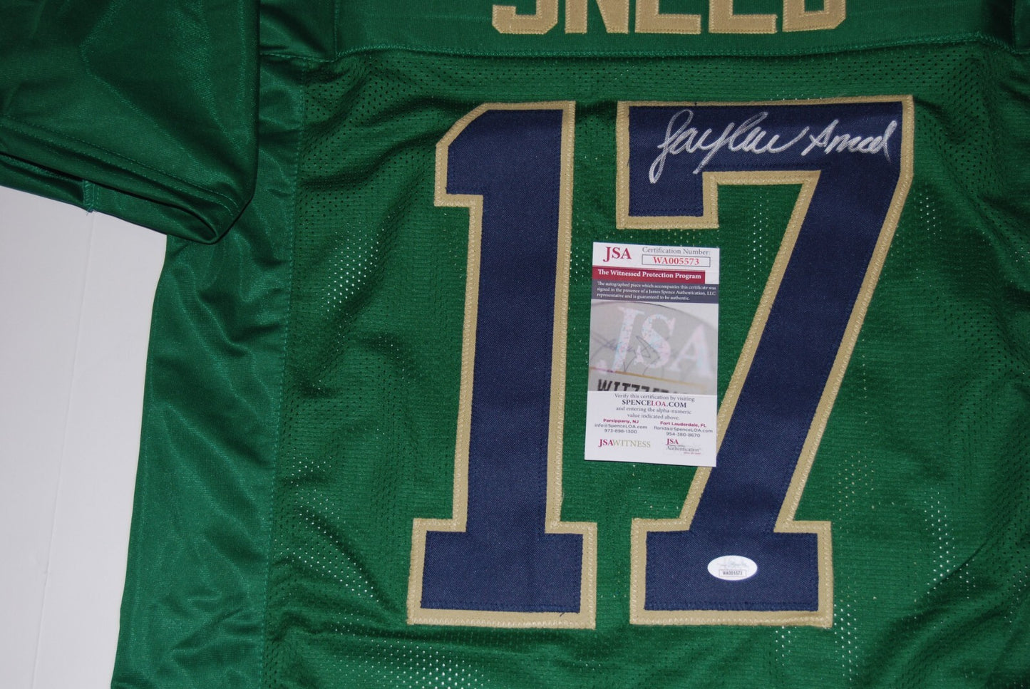 JAYLEN SNEED signed (NOTRE DAME FIGHTING IRISH) Green XL jersey JSA Witnessed