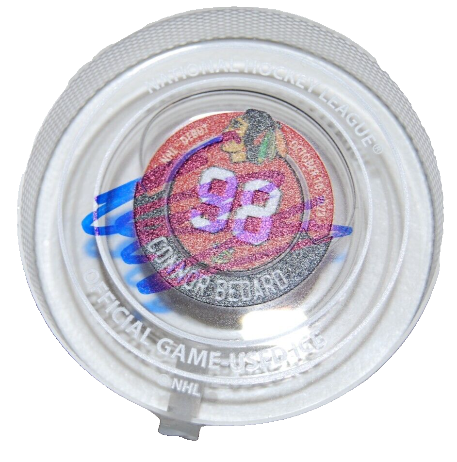 CONNOR BEDARD signed (CHICAGO BLACKHAWKS) Debut Crystal puck BECKETT BAS AE14711
