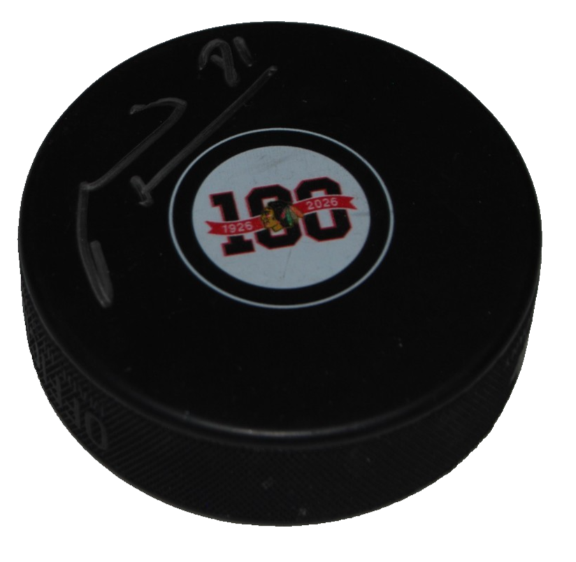 MARIAN HOSSA signed (CHICAGO BLACKHAWKS) 100TH Anniversary puck BECKETT BY064001