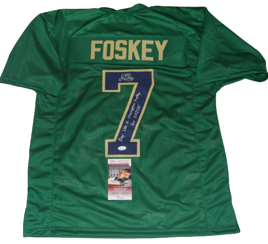ISAIAH FOSKEY signed (NOTRE DAME FIGHTING IRISH) Go Irish Green PLCT jersey JSA 