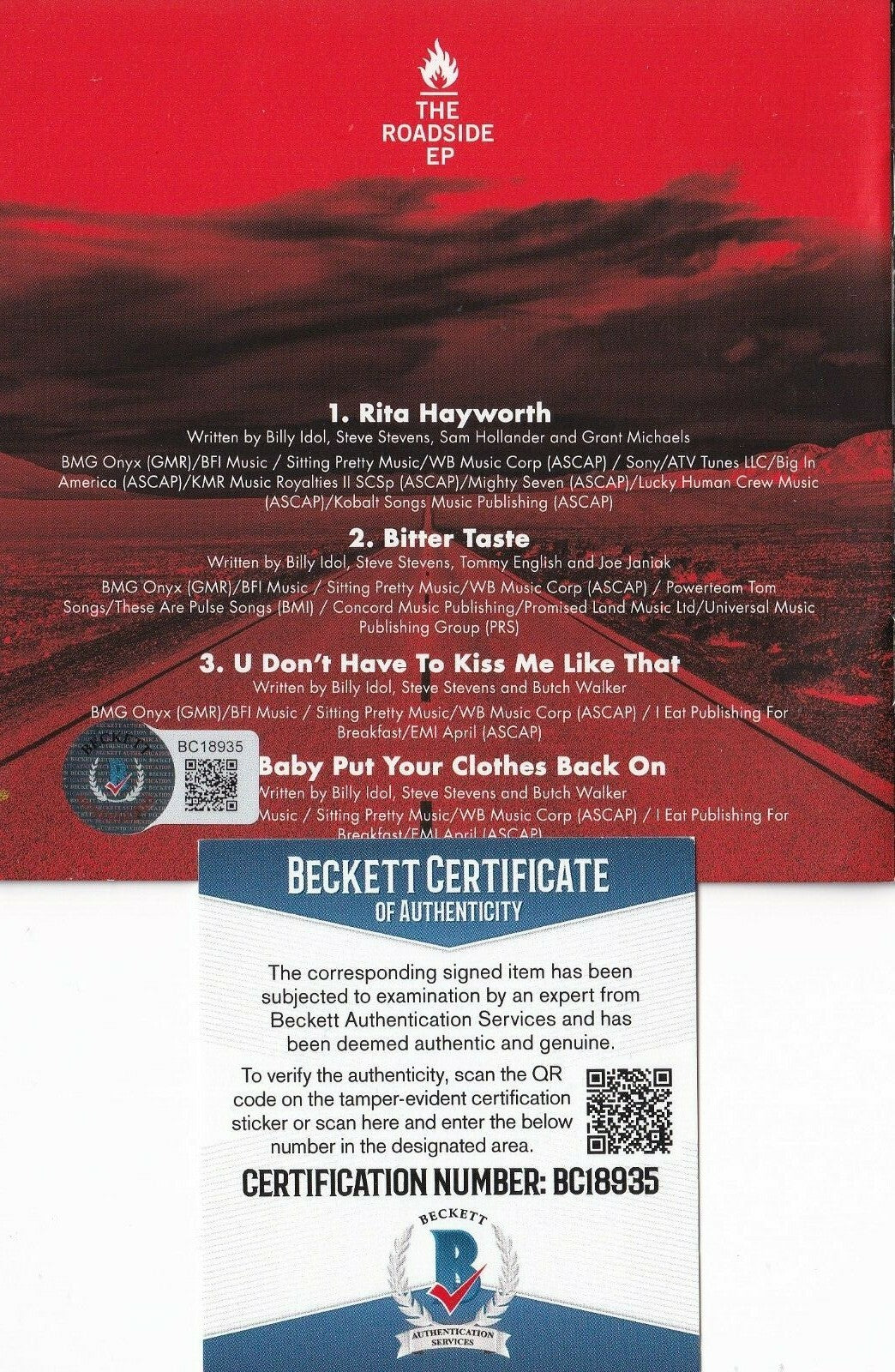 BILLY IDOL signed (THE ROADSIDE EP) Brand New CD cover BECKETT BAS BC18935