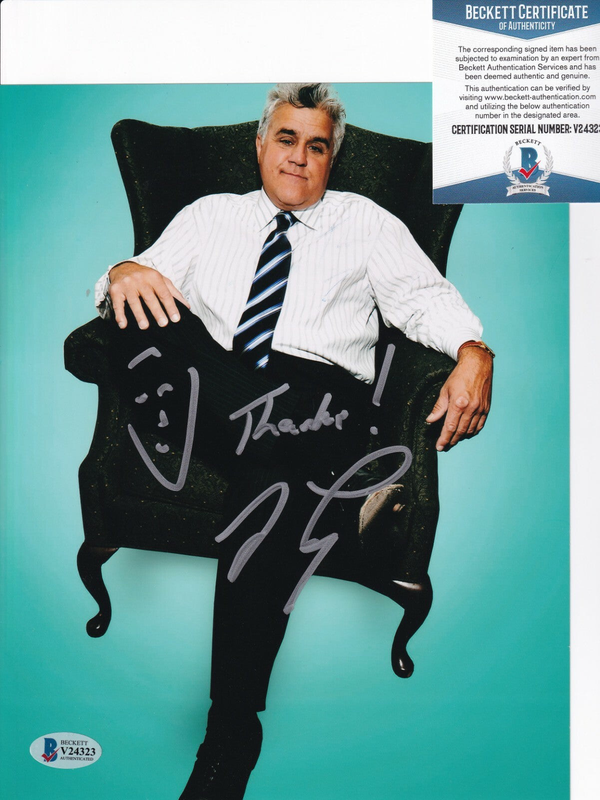 JAY LENO signed (THE TONIGHT SHOW) TV Host autographed 8X10 photo BECKETT V24323