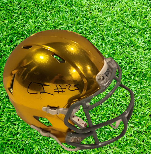 CHRIS TYREE signed (NOTRE DAME IRISH) Gold Hydroflex mini football helmet JSA