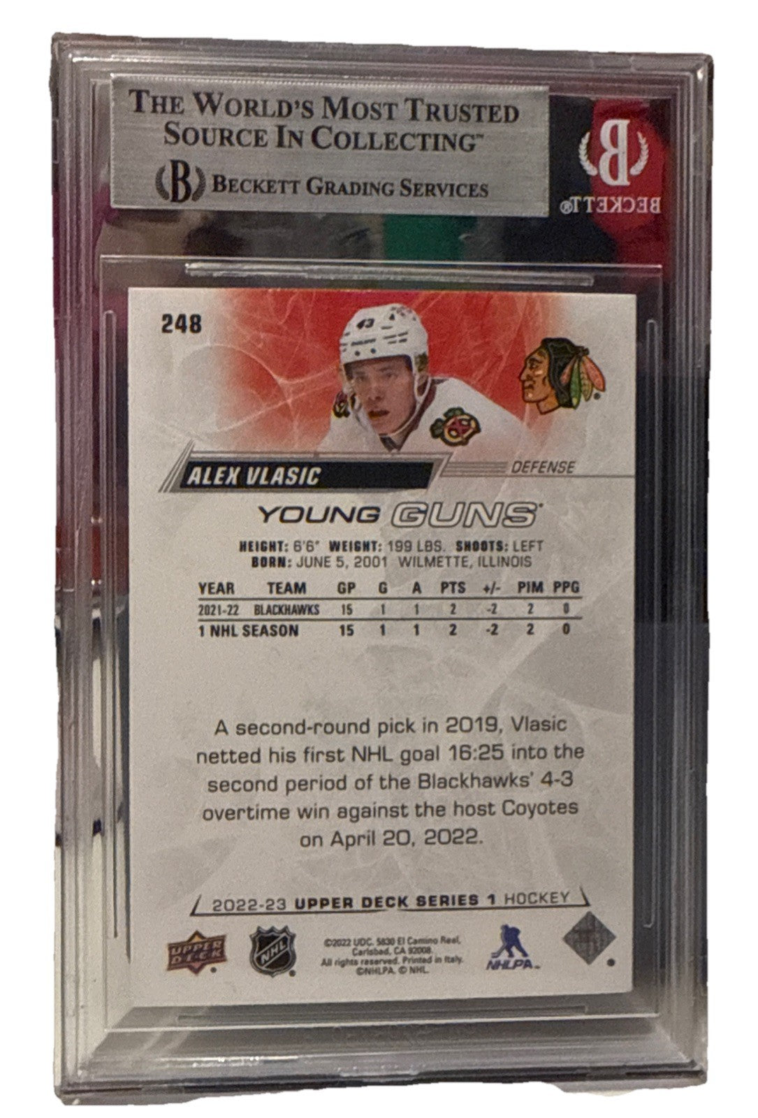 Alex Vlasic signed Blackhawks 22-23 UD Young Guns Card Beckett 248 00019287441
