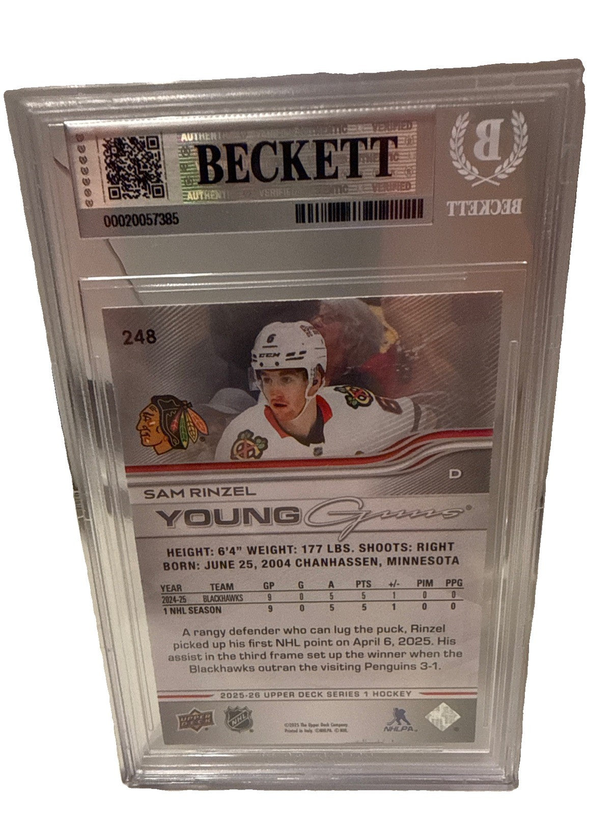 SAM RINZEL signed Chicago Blackhawks 2025-26 Young Guns RC Card Beckett #248