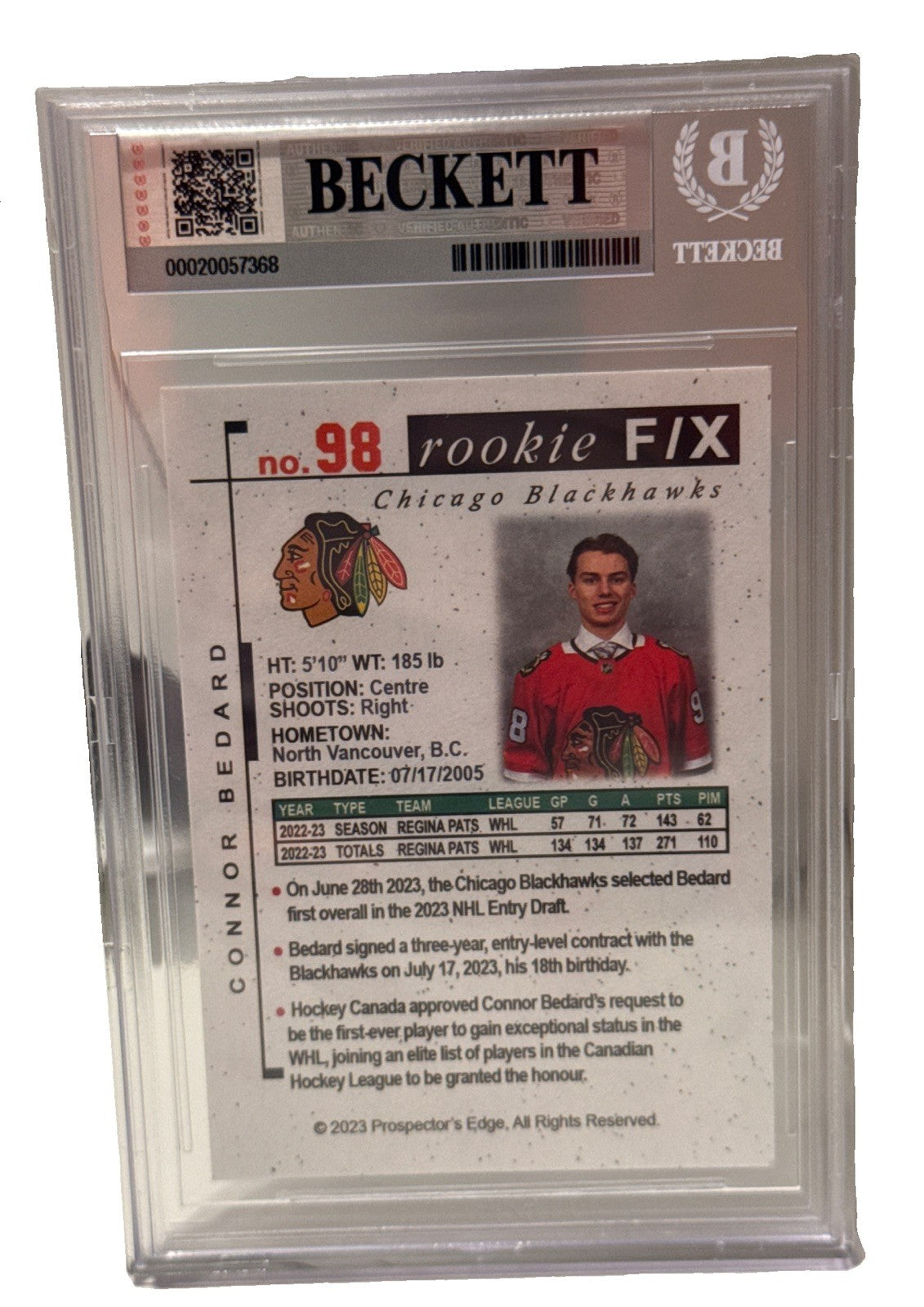 CONNOR BEDARD signed Chicago Blackhawks Prospects Edge 2023 RC Card Beckett