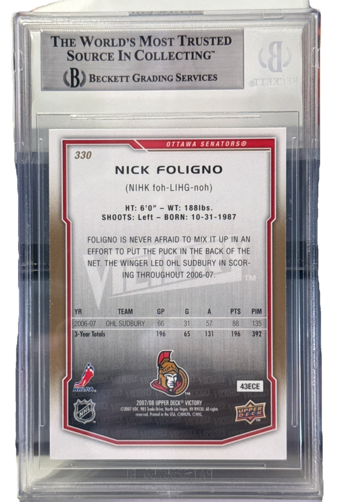 Nick Foligno signed Ottawa Senators 2007-08 UD Victory RC Beckett Blackhawks