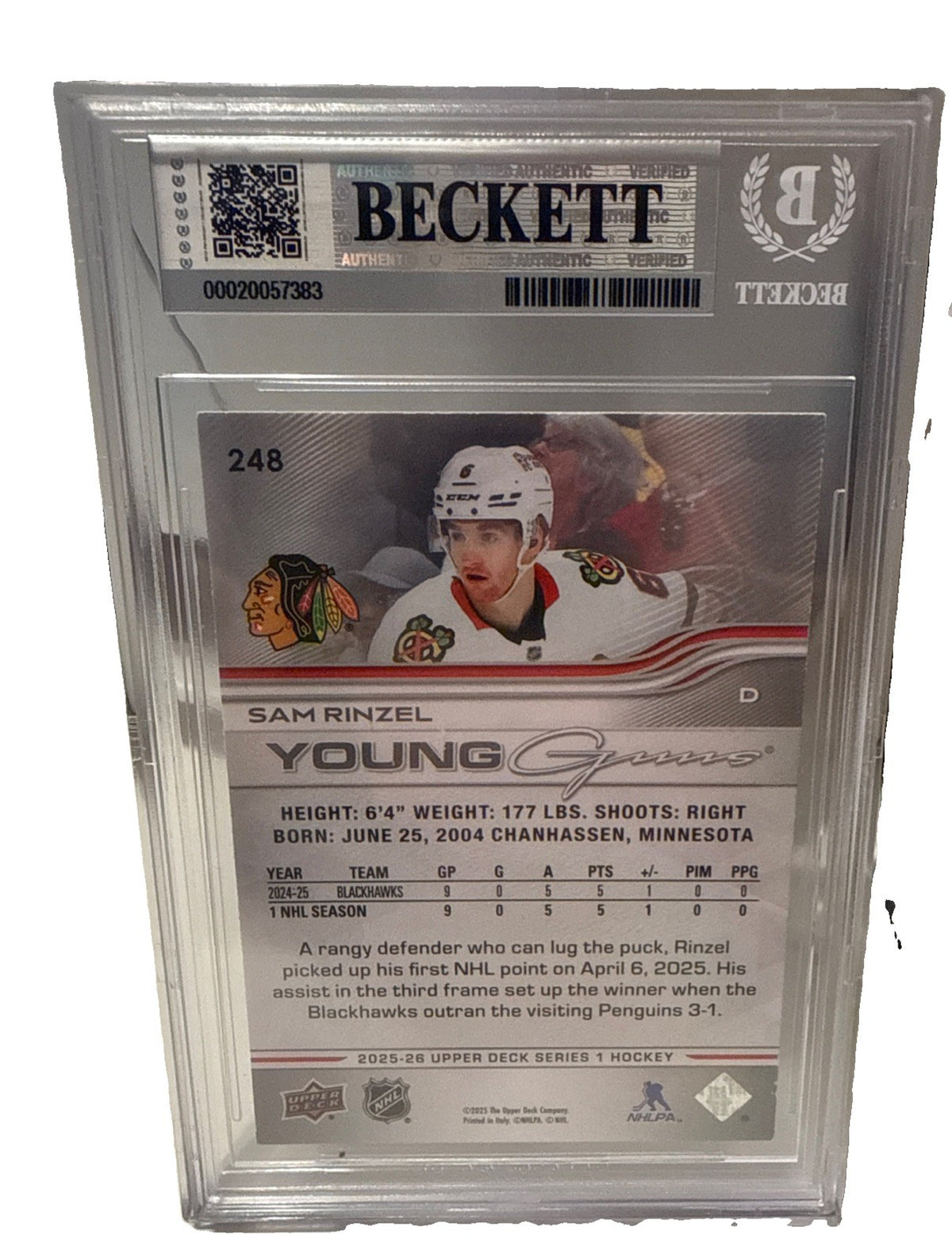 SAM RINZEL signed Chicago Blackhawks 2026 Young Guns RC Card Beckett 00020057383