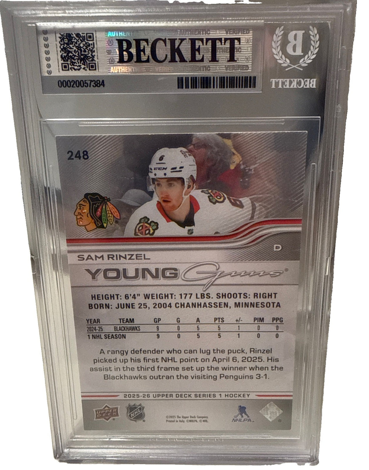 SAM RINZEL signed Chicago Blackhawks 2026 Young Guns RC Card Beckett 00020057384