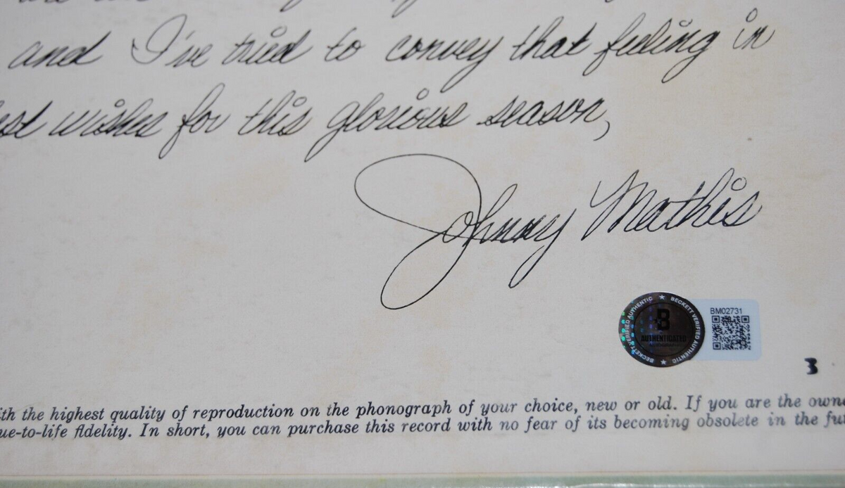 JOHNNY MATHIS signed (MERRY CHRISTMAS) Vinyl Album Record BECKETT BAS BM027331