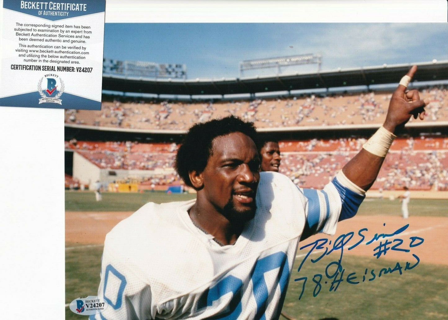 BILLY SIMS signed (DETROIT LIONS) autographed Football 8X10 photo BECKETT V24207