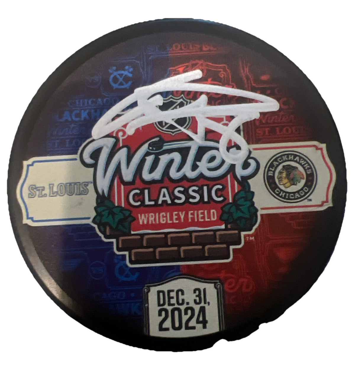 RYAN DONATO signed (CHICAGO BLACKHAWKS) 2024 WINTER CLASSIC dualling puck W/COA